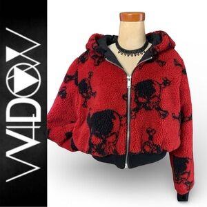 Widow “Plain Disguise” Red/Black Skull and Crossbones Hooded Sherpa Jacket- S